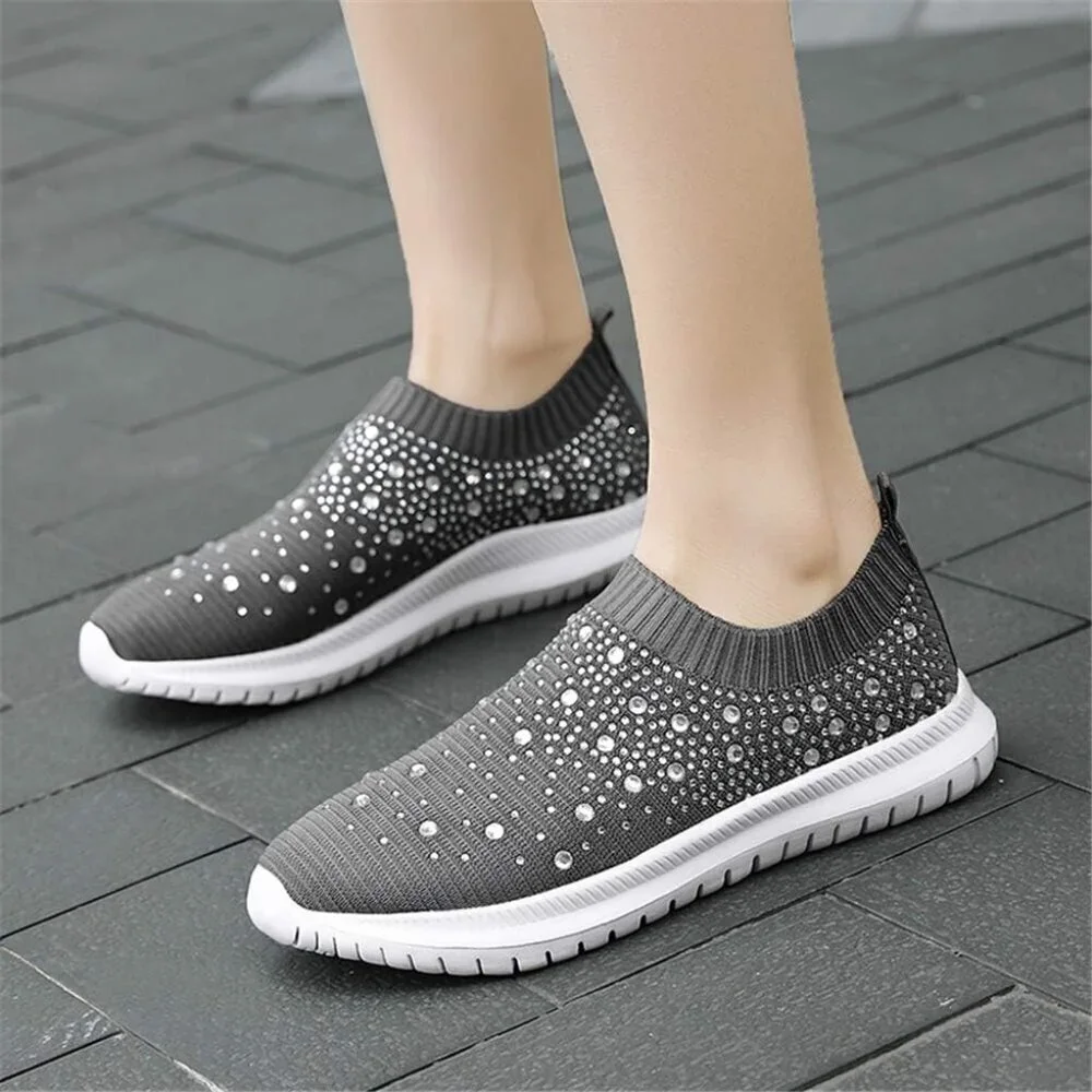 Women's Mesh Walking Shoes Rhinestone Glitter Slip On Ballroom Sneakers Grey
